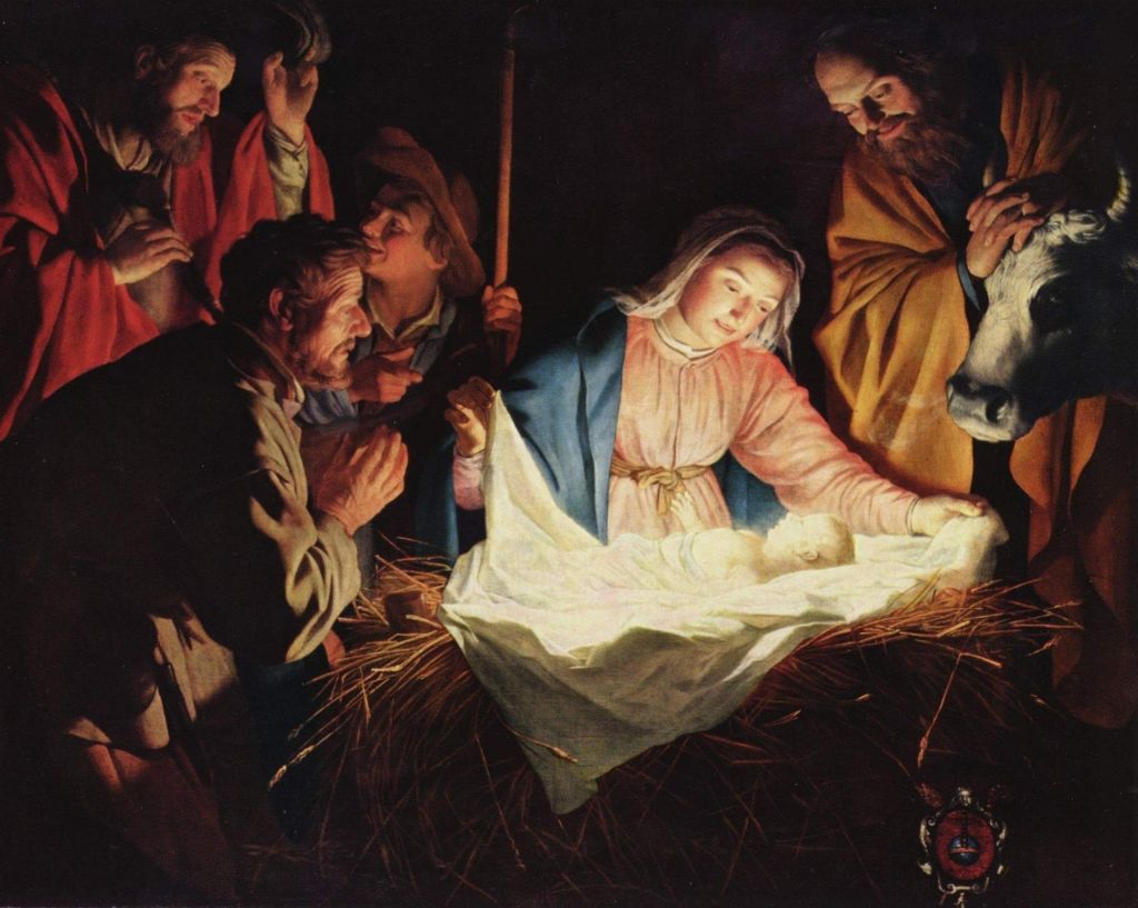Maalaus Jeesus-lapsesta seimessä, ympärillä Maria, Joosef ja paimenia.